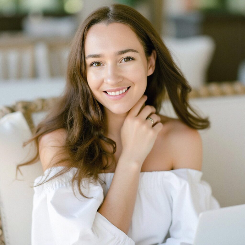 Portrait of Yana Yart smiling in soft natural light, elegant and approachable tone for about section