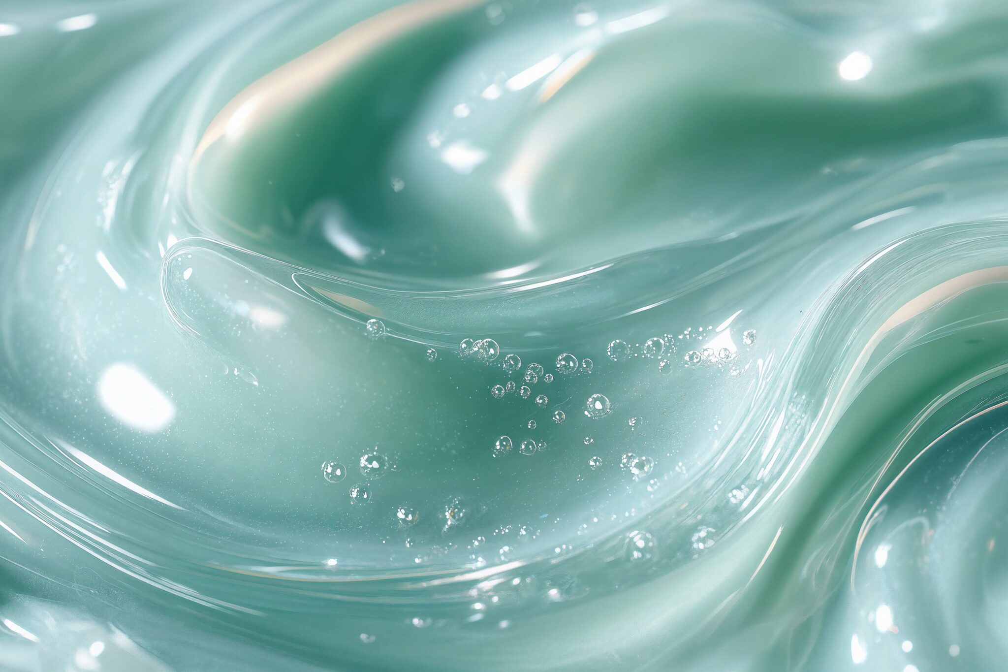 AI skincare macro showing emerald gel texture with light reflections and air bubbles, cinematic product visual