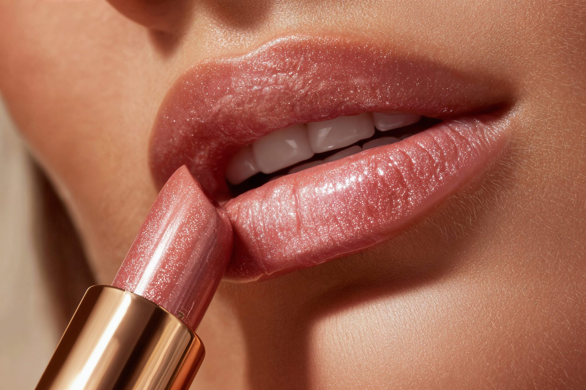 Macro AI beauty visual of lips with glossy nude lipstick, color-accurate and photoreal, luxury makeup brand content