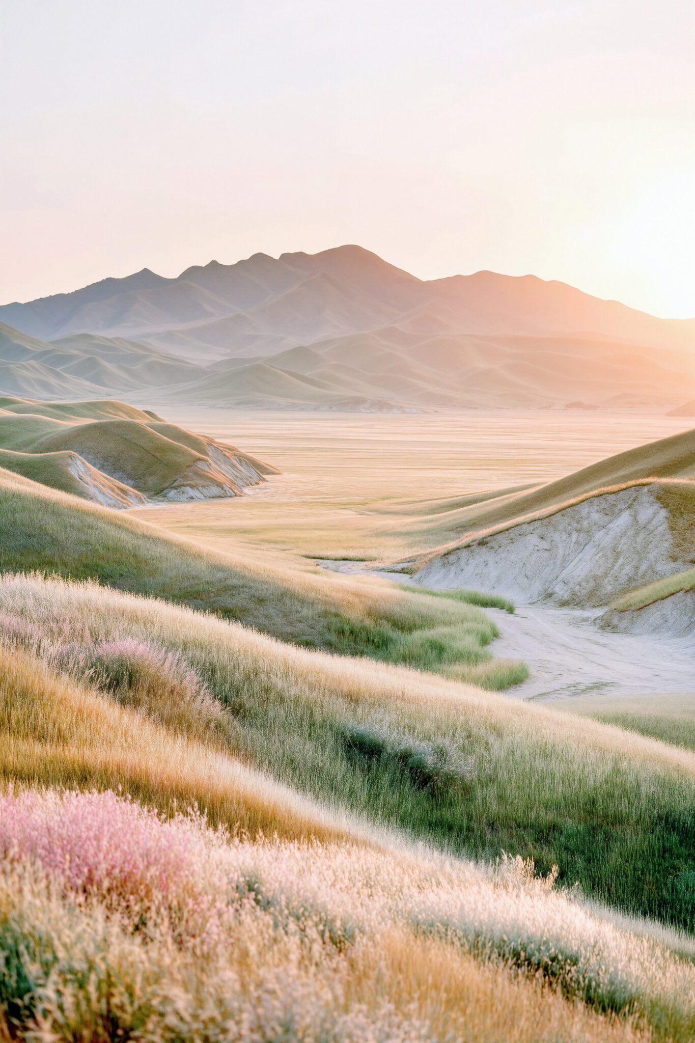 AI visual of European landscape with soft pastel sunset, cinematic travel film tone