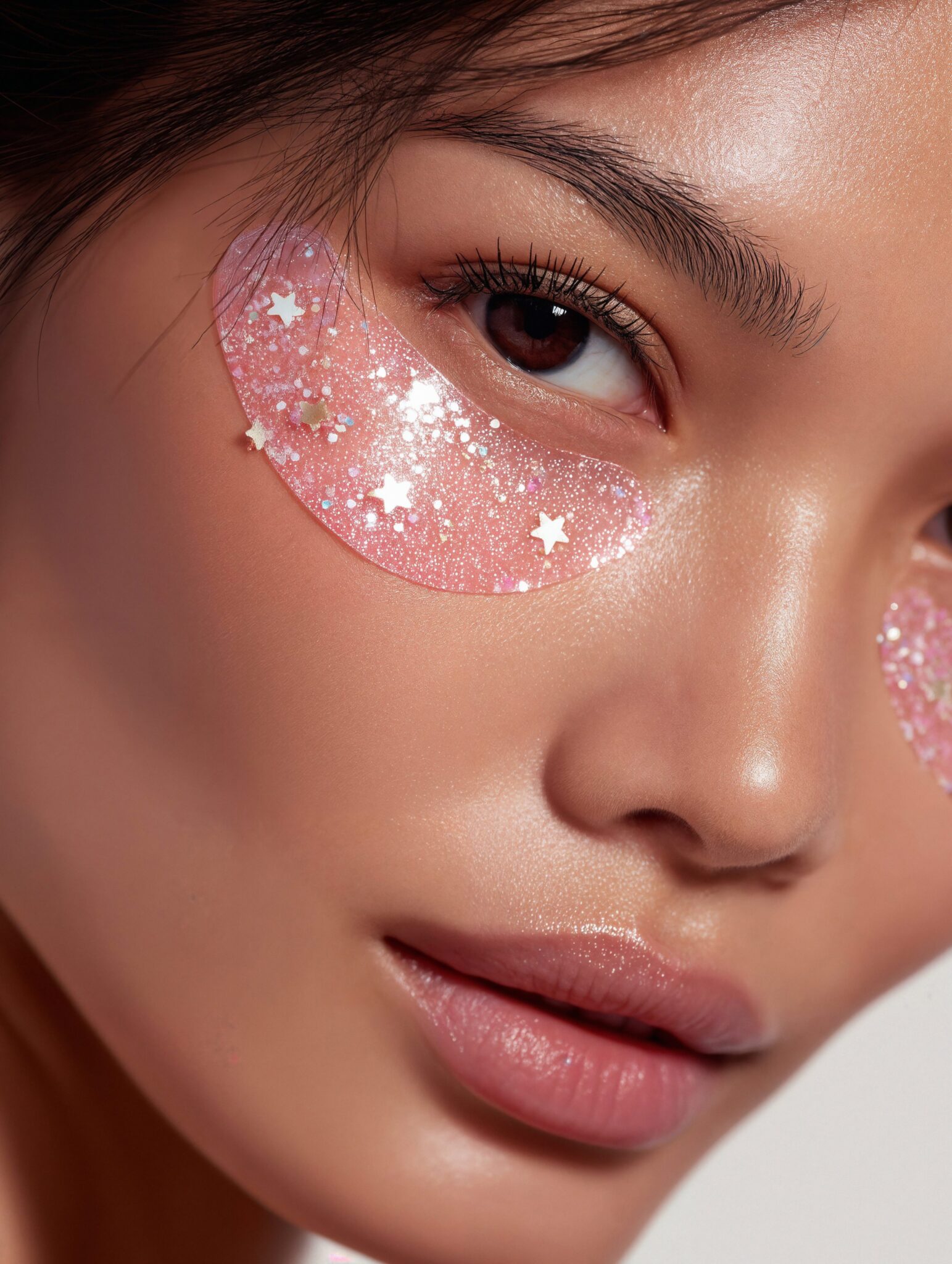 Photoreal AI beauty visual of model with sparkling eye patches, realistic skin tones, skincare campaign still