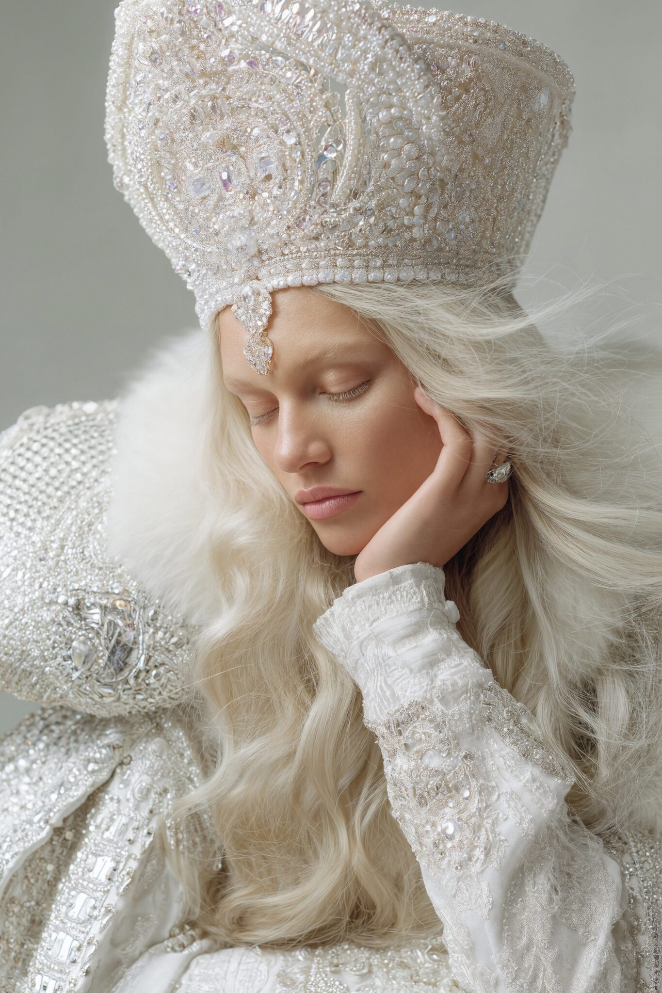 Photoreal AI fashion portrait of digital model in pearl-embroidered gown and headdress, luxury editorial tone