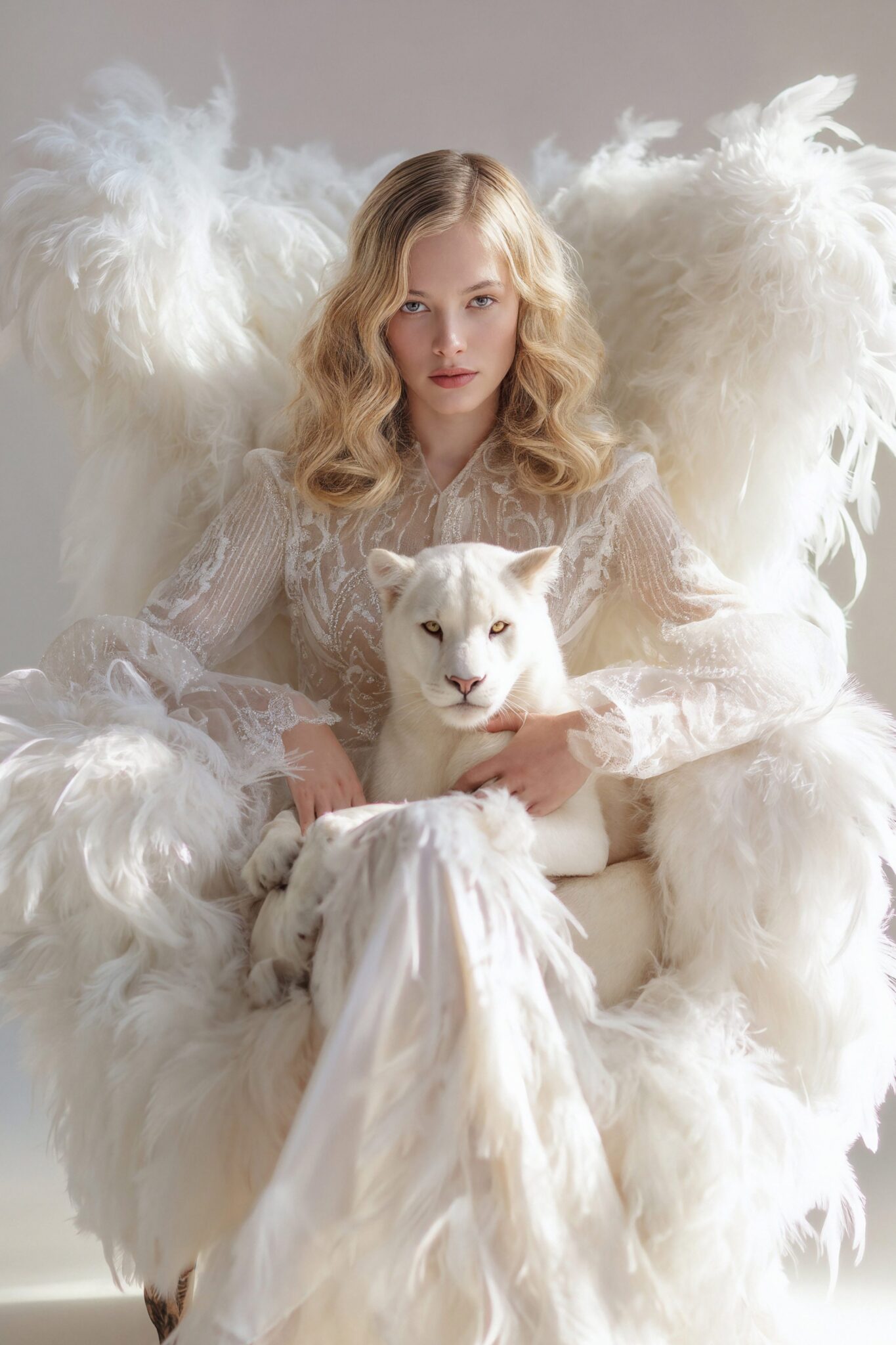 AI fashion visual featuring digital model with white tiger, feathered couture gown, cinematic light