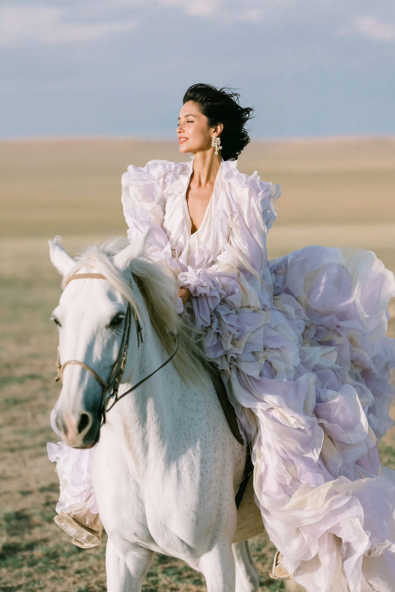 Editorial AI bridal visual of digital model on white horse wearing ruffled couture gown, cinematic outdoor scene