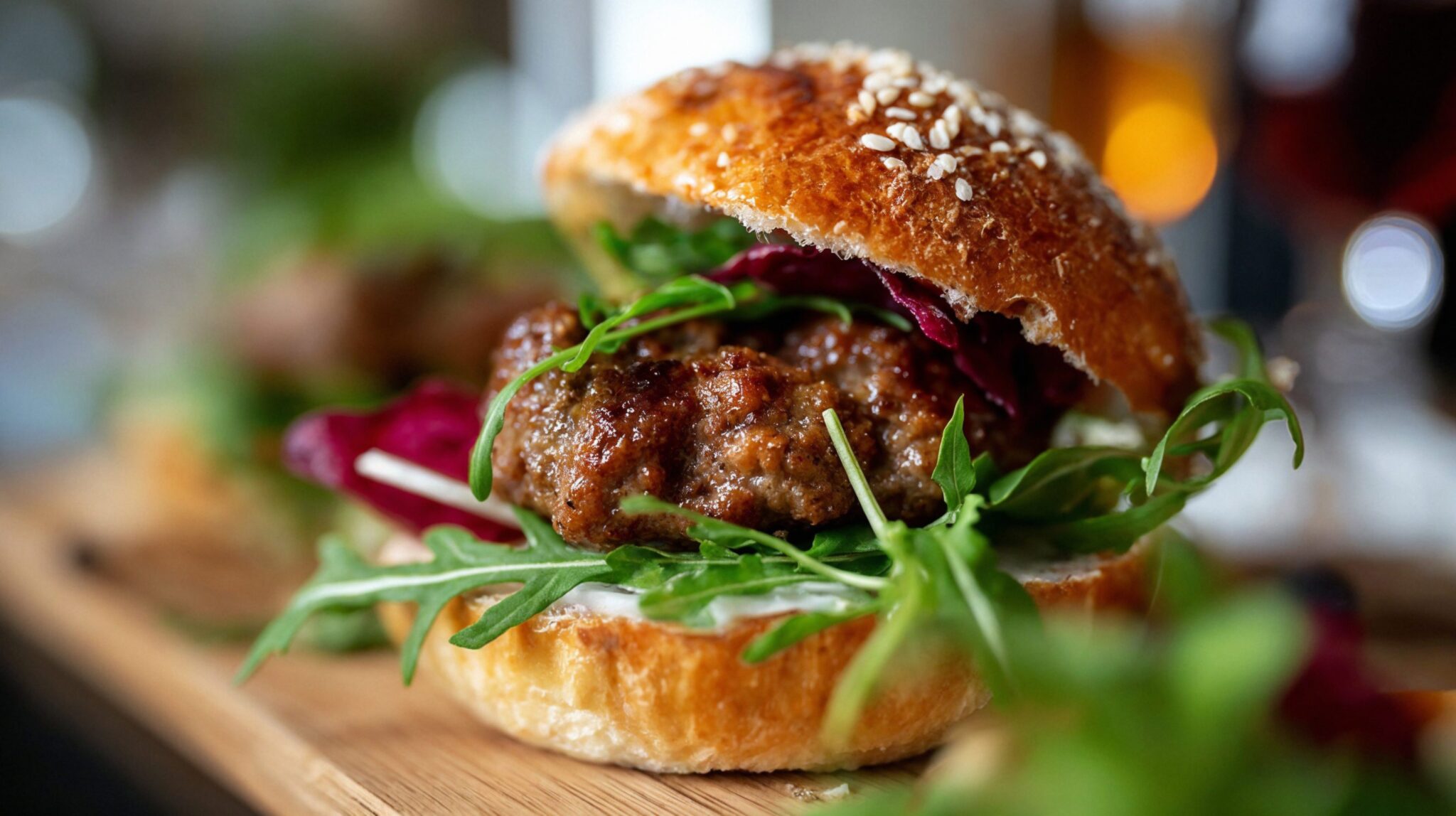 Photoreal AI food visual of gourmet burger with arugula and brioche bun, shallow depth of field, luxury hospitality tone
