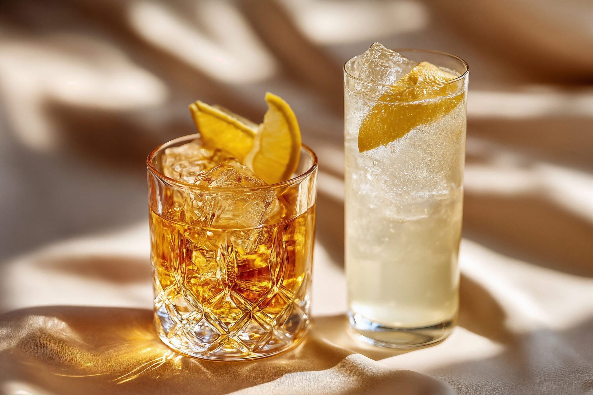 Photoreal AI product visual of two cocktails with lemon garnish in warm light, luxury bar atmosphere