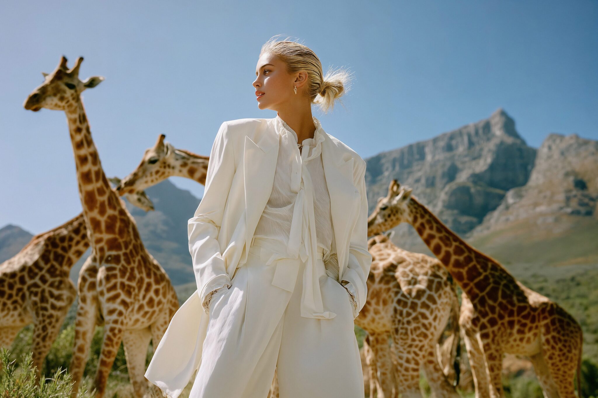 Photoreal AI fashion visual of woman in white suit among giraffes, cinematic sunlight, editorial campaign tone