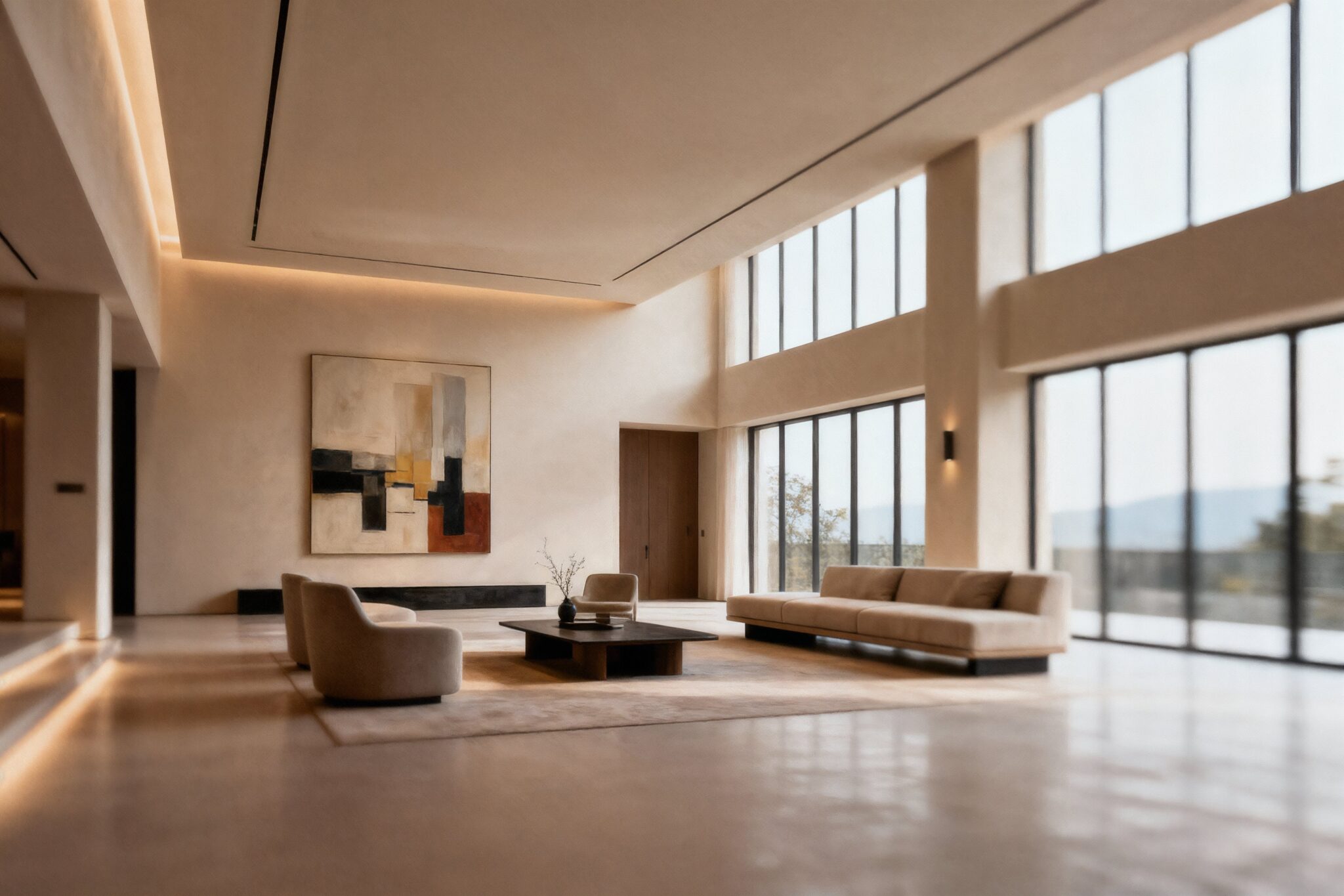 Photoreal AI interior visual of luxury villa with floor-to-ceiling windows and minimal design, cinematic sunlight