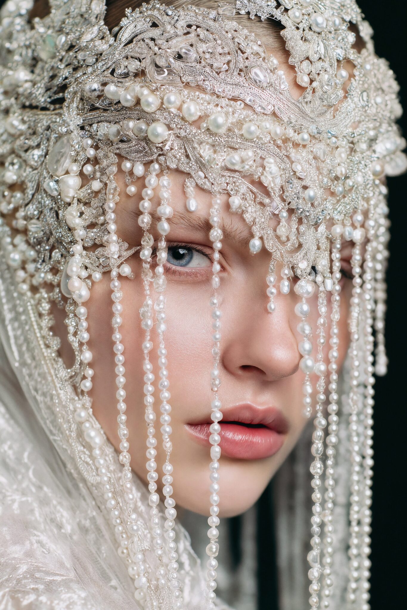 Photoreal AI fashion close-up of pearl-embroidered headdress, luxury couture detail, cinematic editorial style