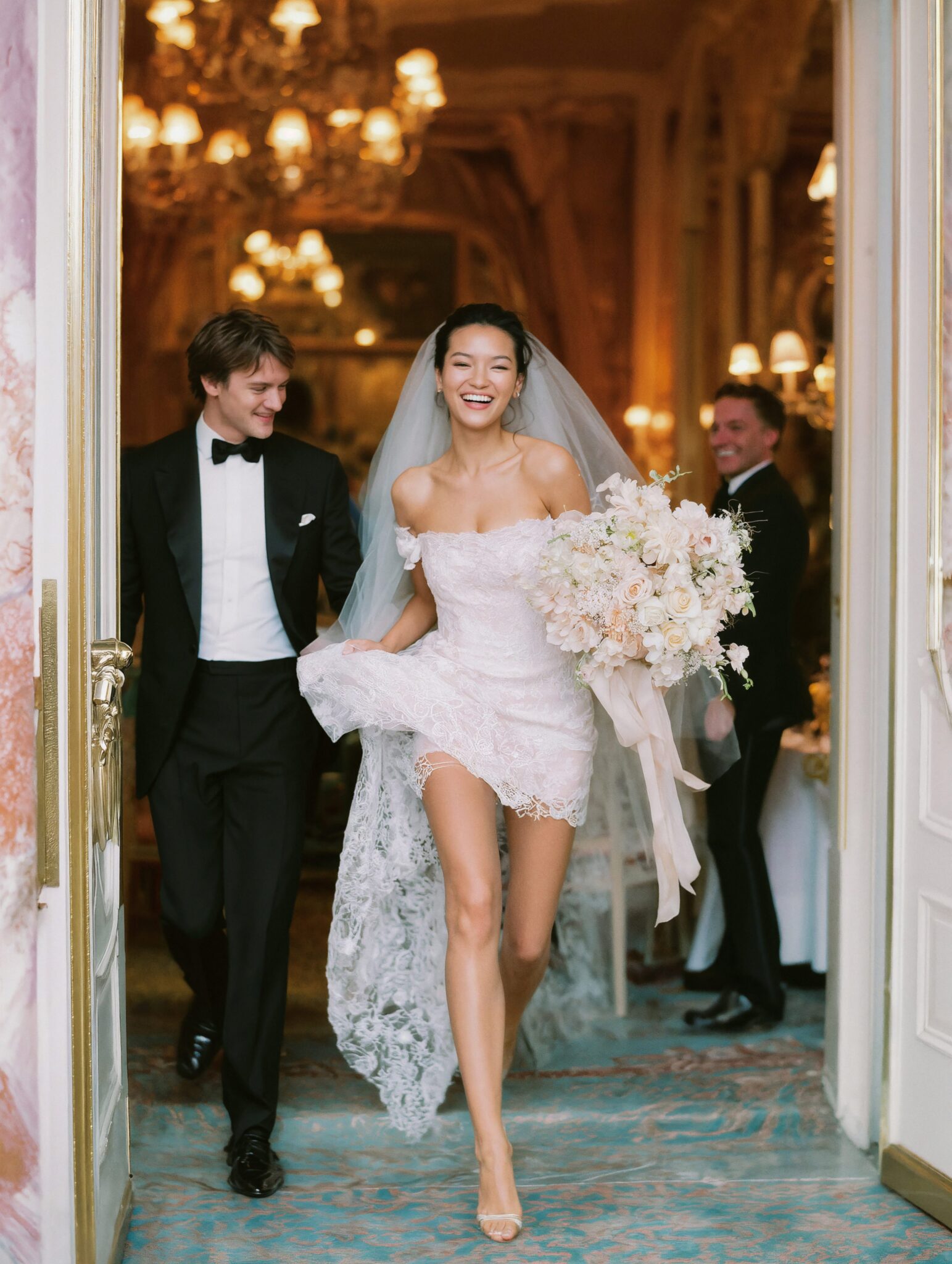 AI-generated bridal couple exiting palace ballroom, editorial light, couture gown and floral bouquet, cinematic luxury tone