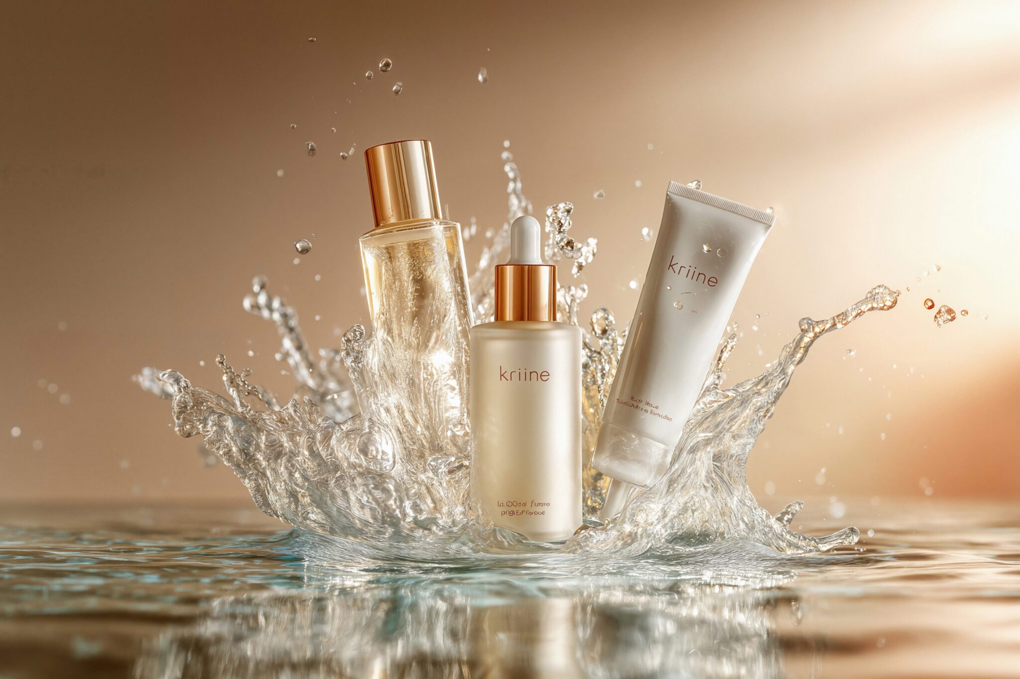 Photoreal AI visual of skincare bottles splashing in water with cinematic golden light, luxury ad film still