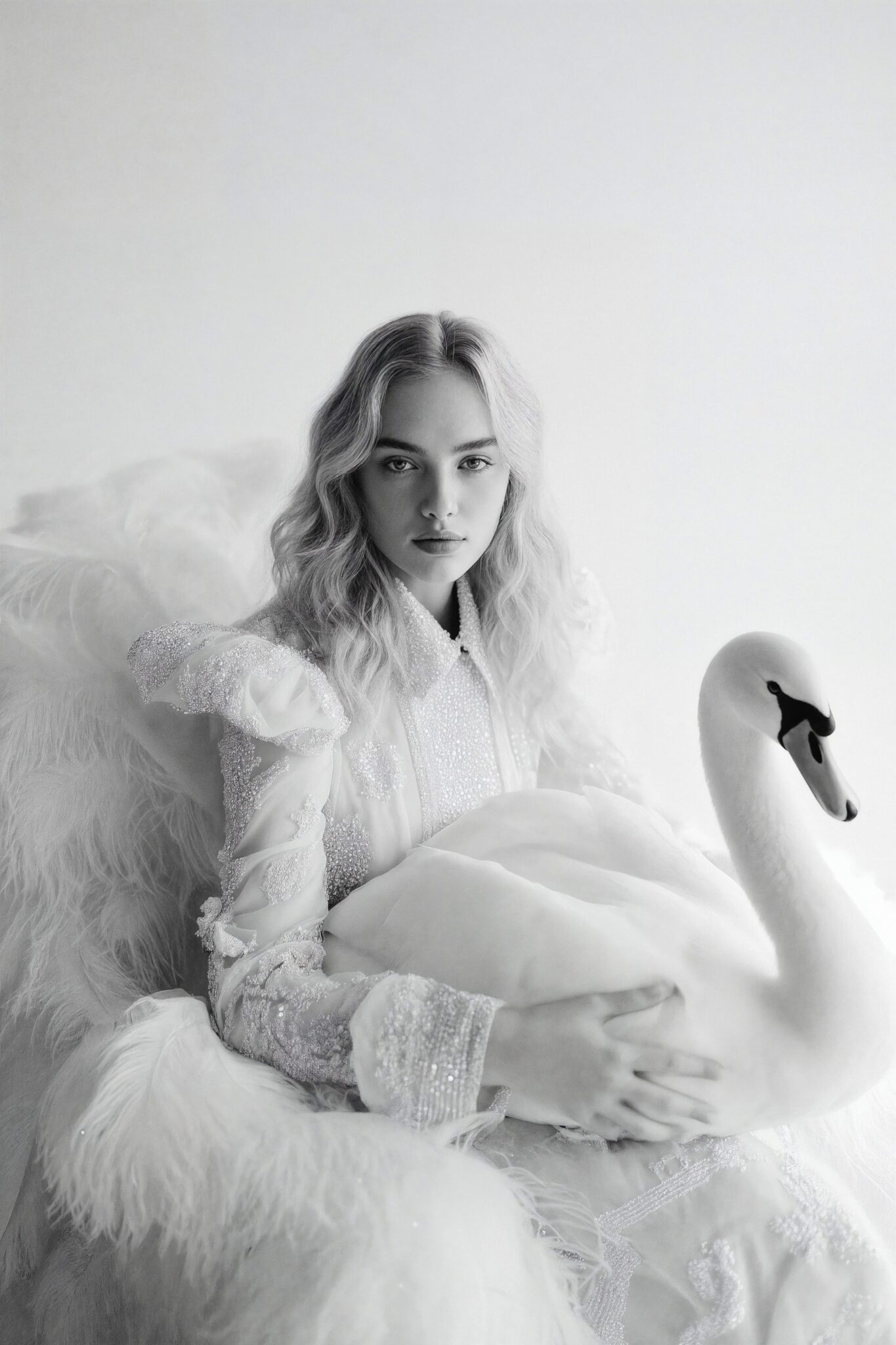 Cinematic black-and-white AI fashion visual with swan and couture gown, soft editorial mood, timeless luxury imagery