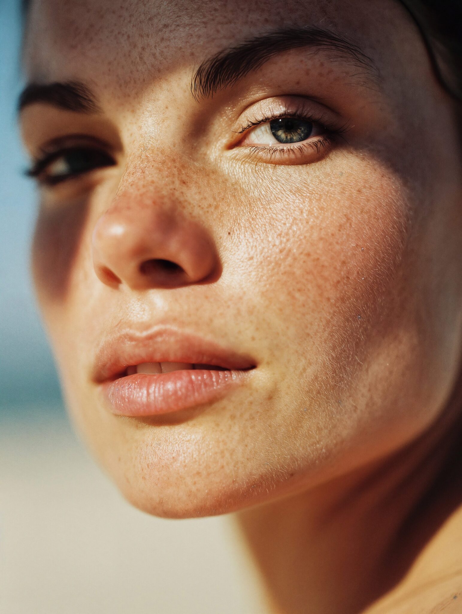 Shade-true photoreal AI close-up of real skin texture, freckles, natural light, beauty brand visual still