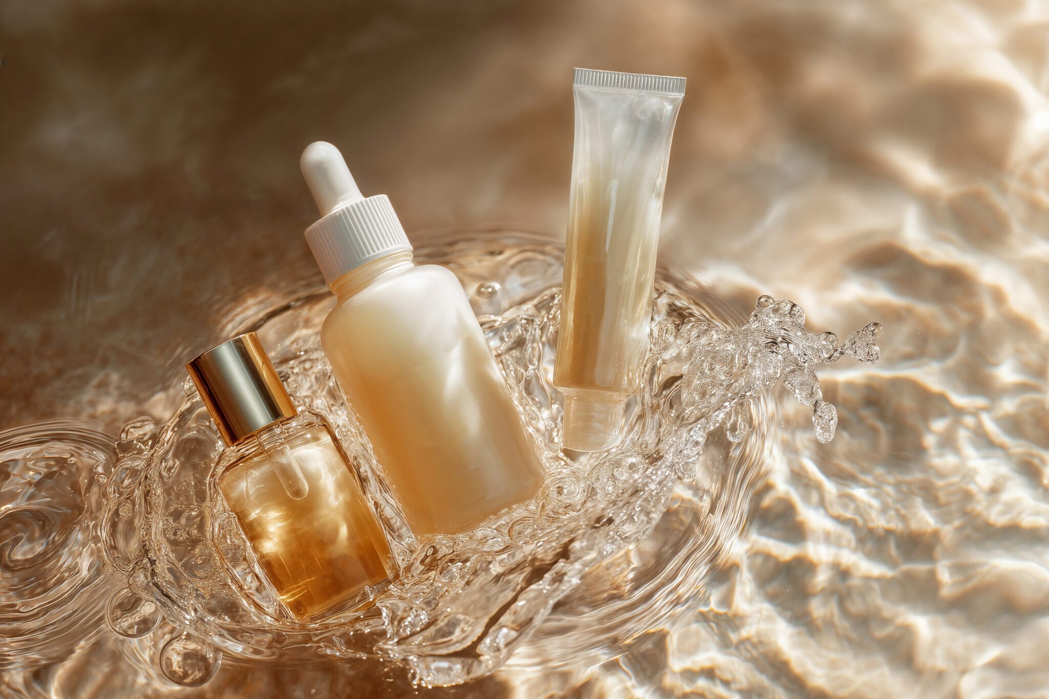 Photoreal AI visual of skincare bottles floating in rippling water with soft gold reflections, cinematic product macro