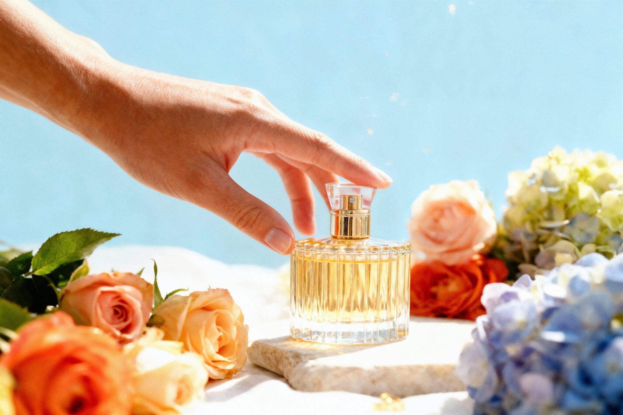 AI perfume visual with golden bottle among roses and hydrangeas, natural light, cinematic still for luxury fragrance brand