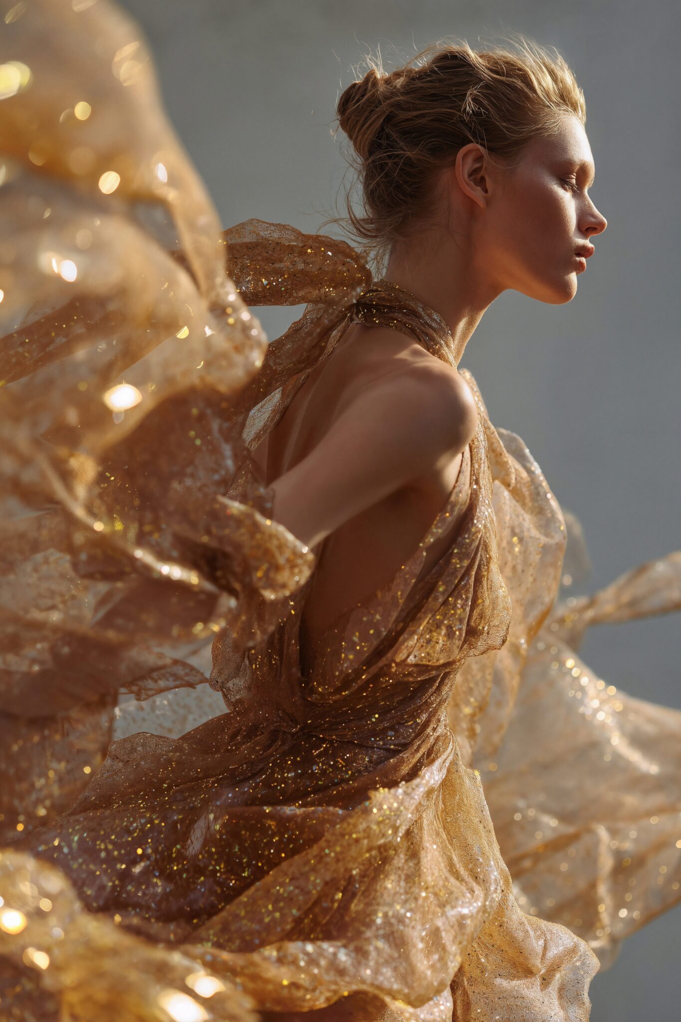Photoreal AI fashion visual of golden shimmering couture gown in motion, cinematic sunlit backdrop, luxury editorial production