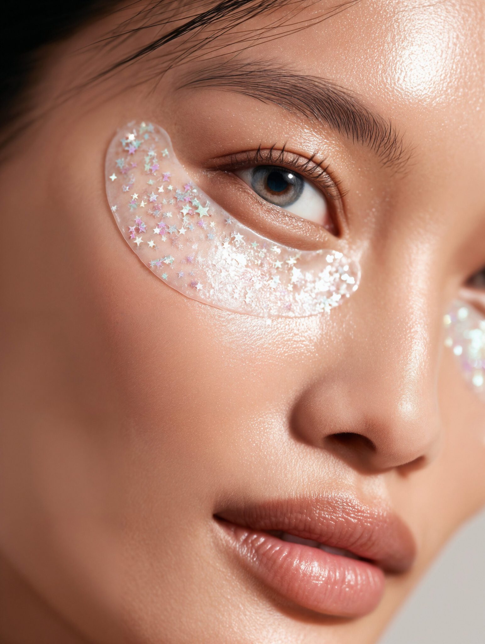 Close-up AI visual of woman with glittering under-eye patch, natural glossy skin, luxury skincare tone